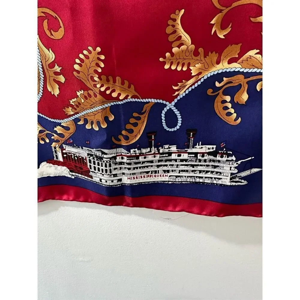 Mississippi Queen 100% silk scarf red blue white gold size 33”   #33-1255